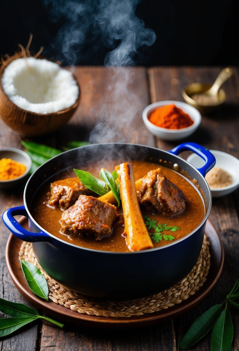 A steaming pot of oxtail stew simmers on a rustic wooden table, surrounded by vibrant spices and fresh coconut milk