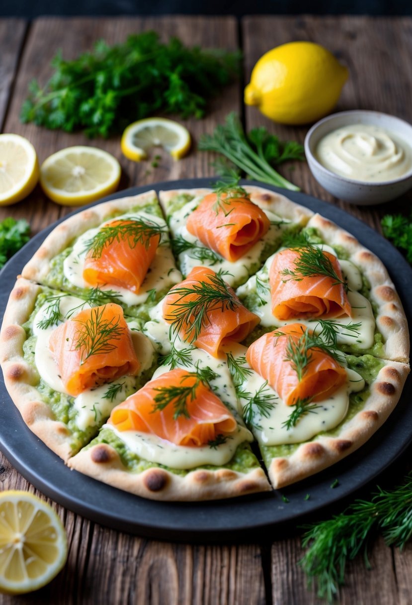 A rustic wooden table with a freshly baked flatbread pizza topped with smoked salmon, dill, and a creamy sauce, surrounded by scattered ingredients like herbs and lemon slices