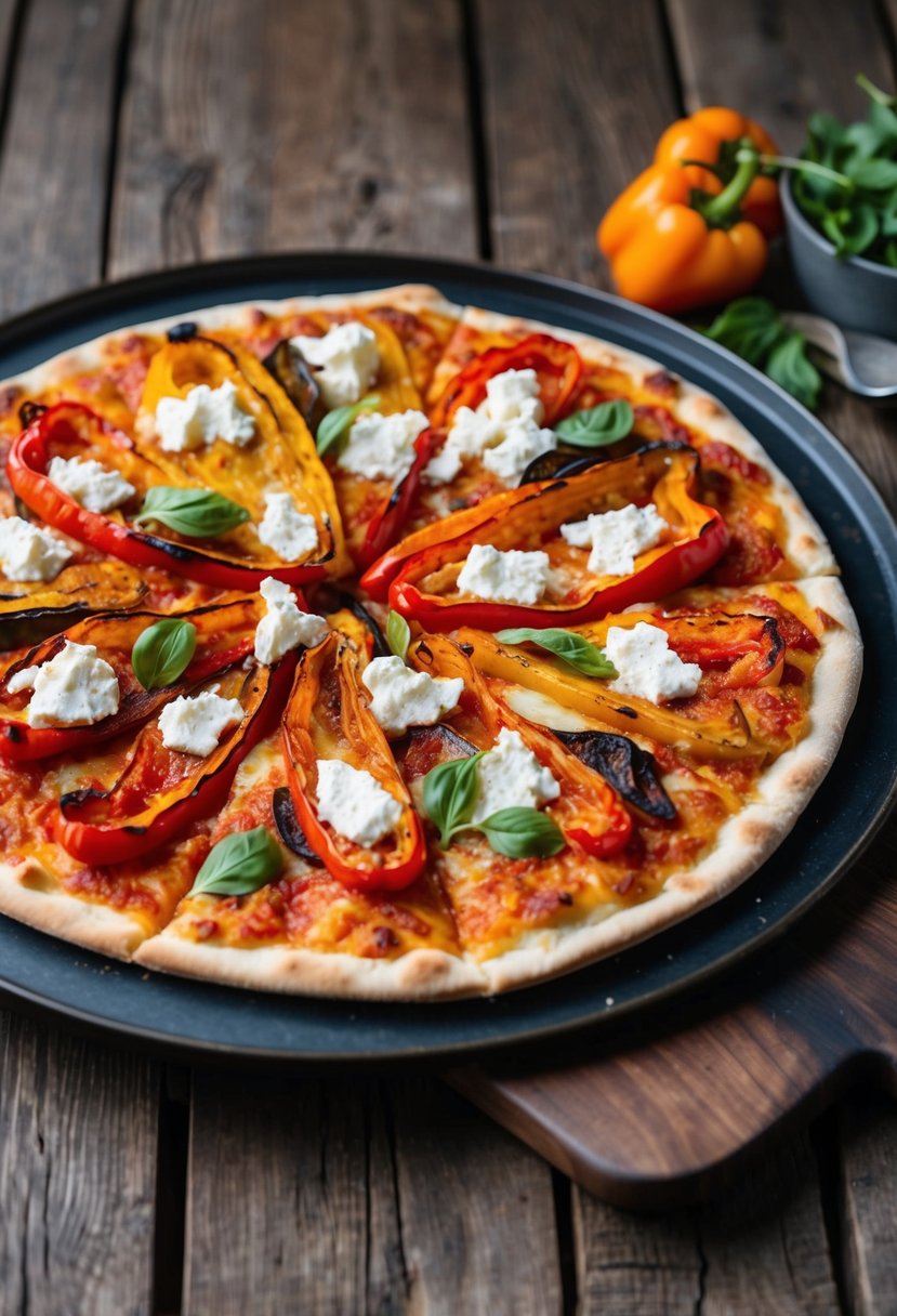 A rustic wooden table topped with a freshly baked flatbread pizza, adorned with vibrant roasted red peppers and creamy goat cheese