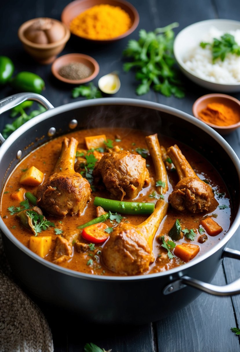 A large pot simmering with rich, aromatic Jamaican oxtail curry, filled with tender meat, vibrant vegetables, and fragrant spices