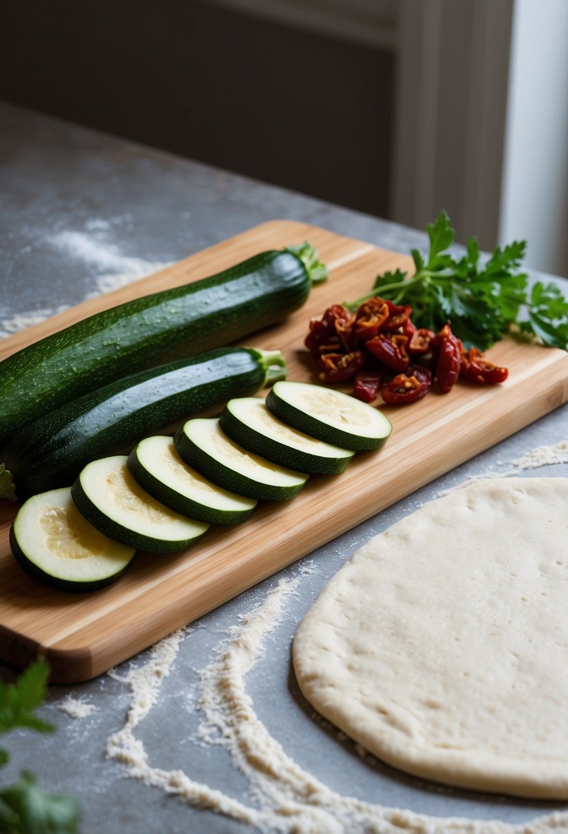 A wooden cutting board with sliced zucchini, sun-dried tomatoes, and fresh herbs next to a rolled out flatbread dough on a floured surface