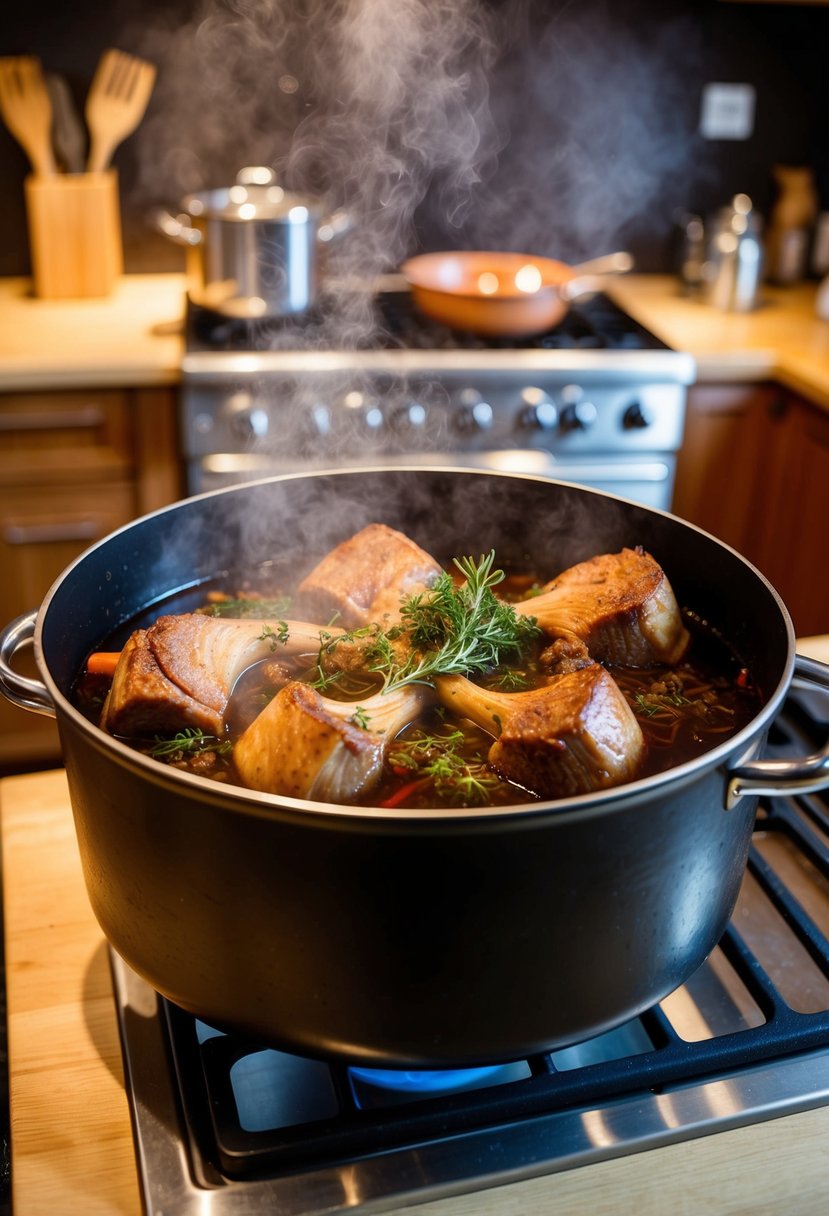 A large pot simmering with oxtail, red wine, and aromatic herbs. The rich, savory aroma fills the kitchen as the meat tenderizes in the flavorful broth