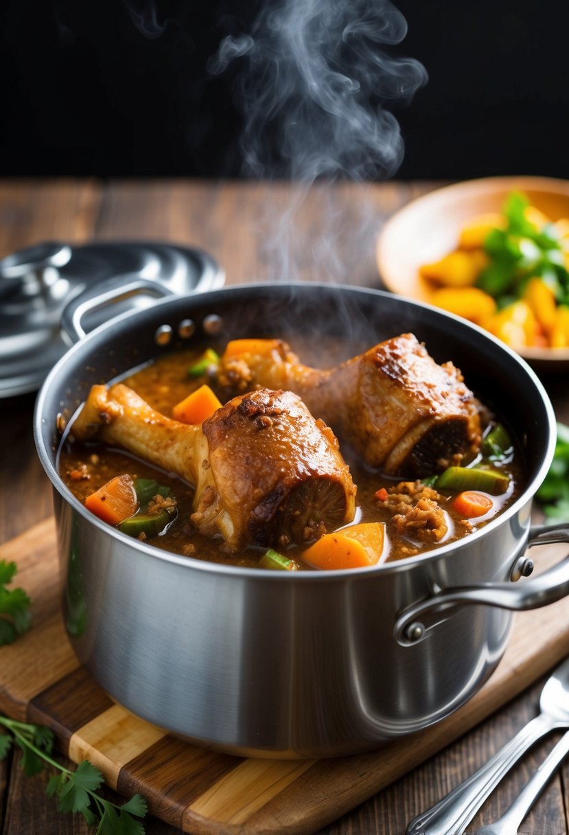 A steaming pot of Jamaican Jerk Oxtail simmering with spices and vegetables