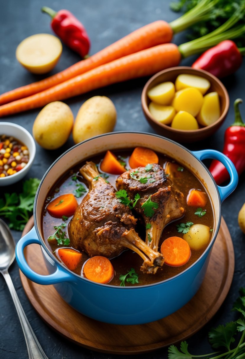 A steaming pot of Jamaican oxtail stew surrounded by vibrant ingredients like carrots, potatoes, and scotch bonnet peppers