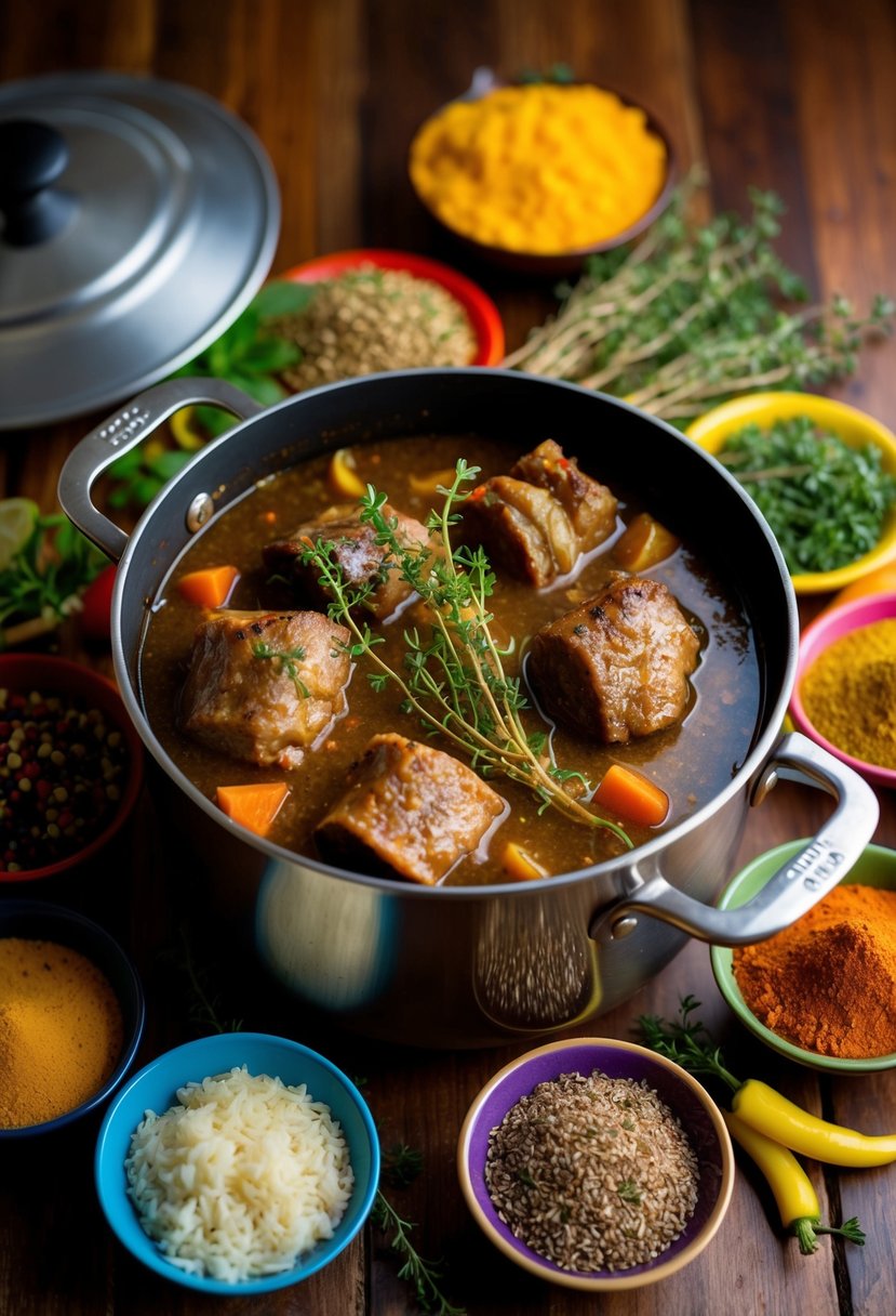 A simmering pot of oxtail stew with sprigs of fresh thyme, surrounded by colorful Jamaican spices and ingredients