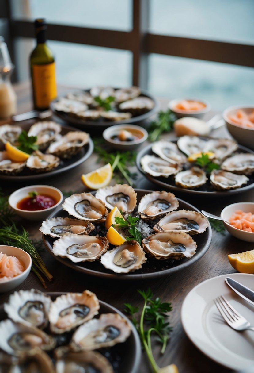 A table set with various oyster dishes, surrounded by fresh seafood and ingredients