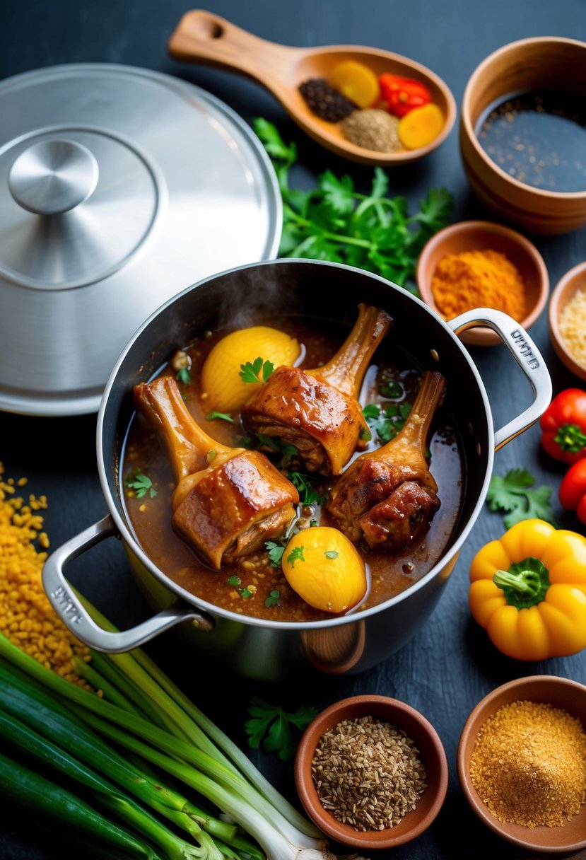 A pot simmering with honey garlic oxtail, surrounded by vibrant Jamaican spices and ingredients