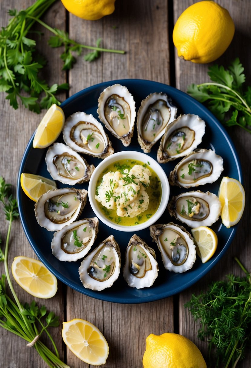 A platter of grilled oysters topped with herb butter, surrounded by fresh herbs and lemon wedges on a rustic wooden table