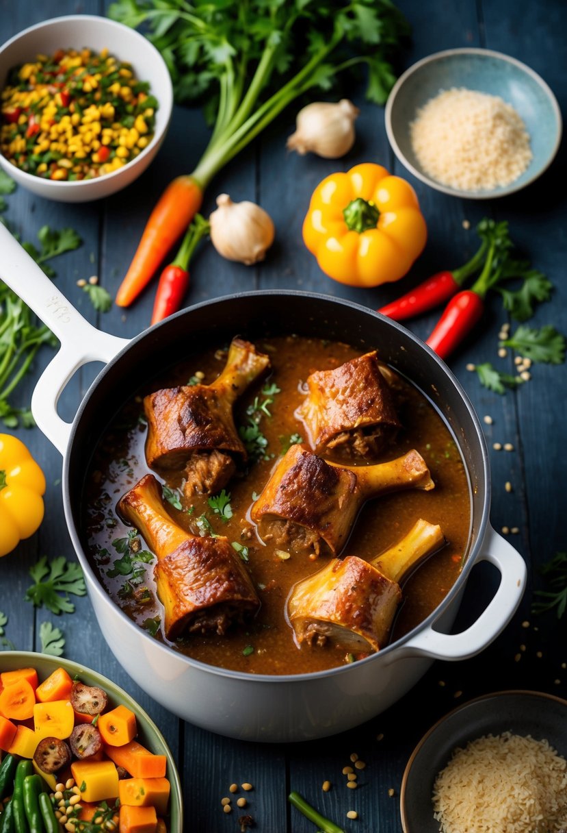 A large pot simmering with Caribbean-style braised oxtail surrounded by colorful vegetables and spices