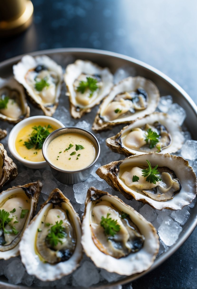 A platter of oysters Rockefeller, garnished with green herbs and bubbling with a rich, creamy sauce, sits on a bed of crushed ice