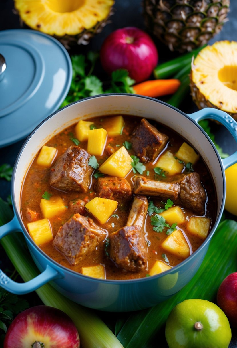 A bubbling pot of oxtail stew with chunks of tangy pineapple and colorful spices, surrounded by vibrant tropical fruits and vegetables