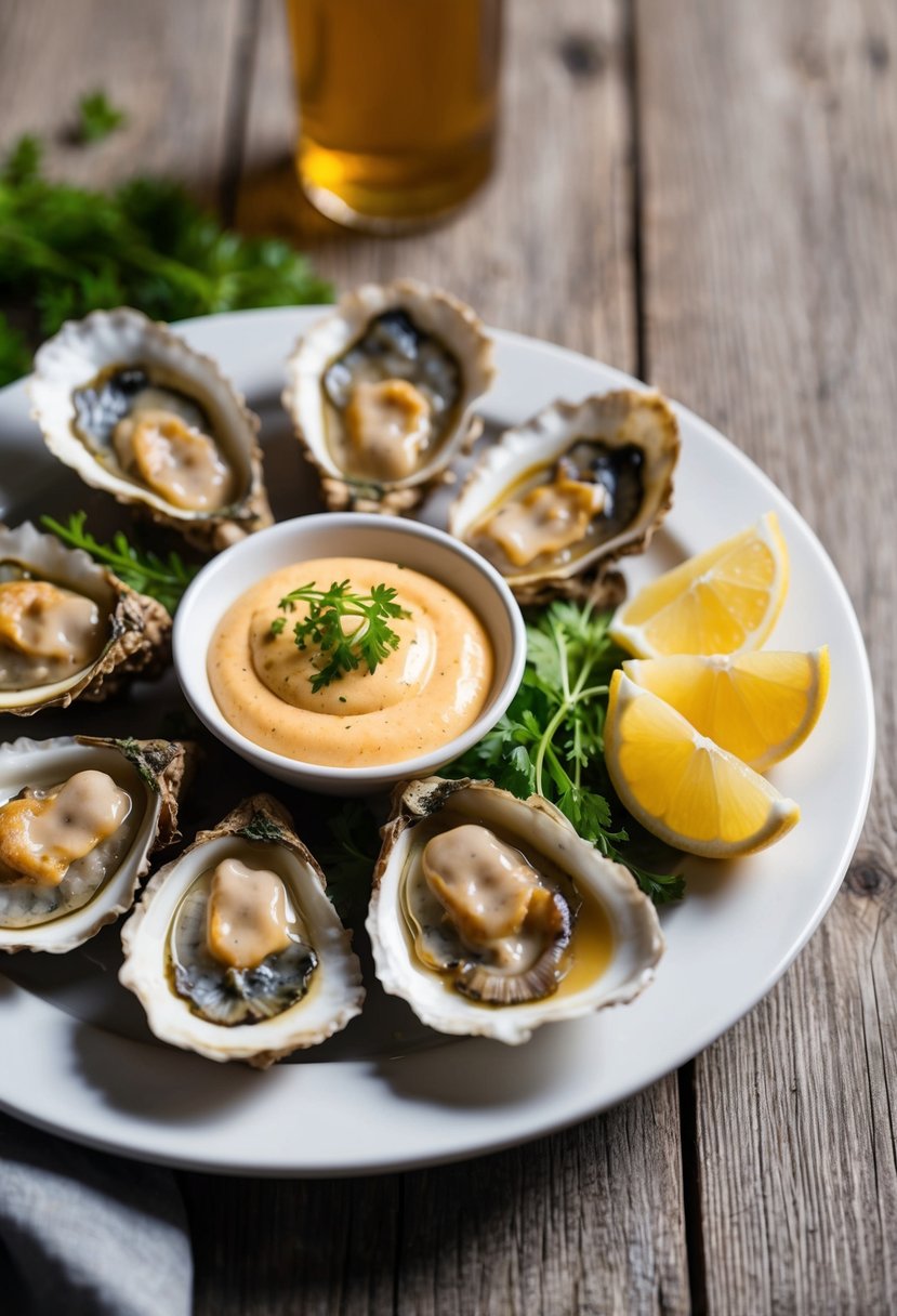 A plate of golden-fried oysters with a side of Cajun remoulade sauce, garnished with fresh herbs and lemon wedges, set on a rustic wooden table