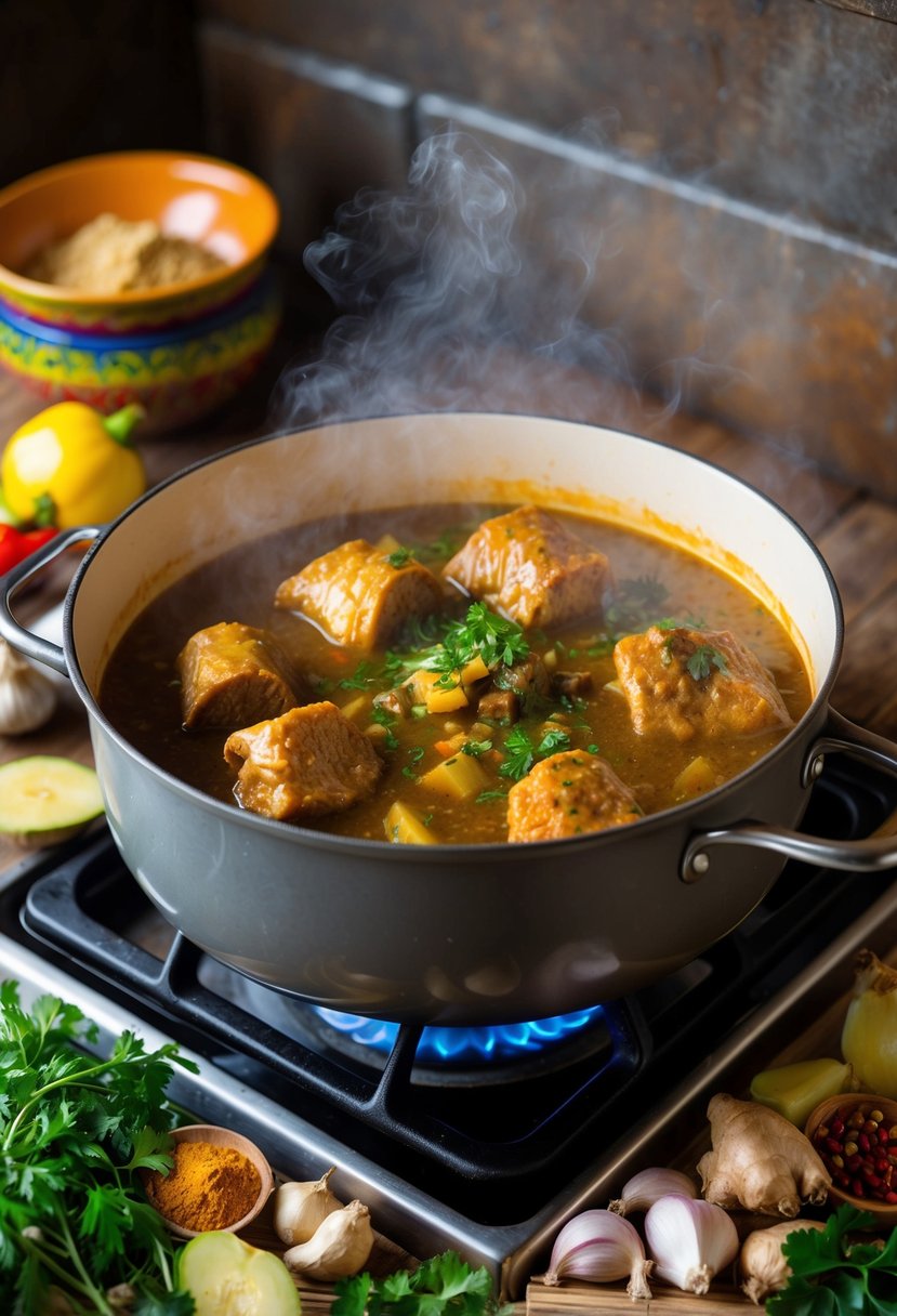 A steaming pot of ginger-garlic oxtail stew simmering on a rustic stove, surrounded by vibrant Caribbean spices and fresh herbs