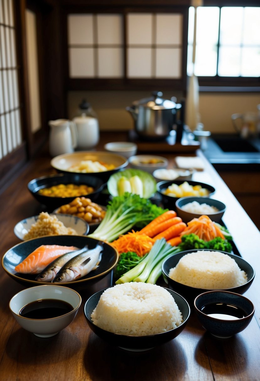 A traditional Japanese kitchen with a variety of fresh ingredients, including rice, fish, vegetables, and soy sauce, laid out on a wooden table