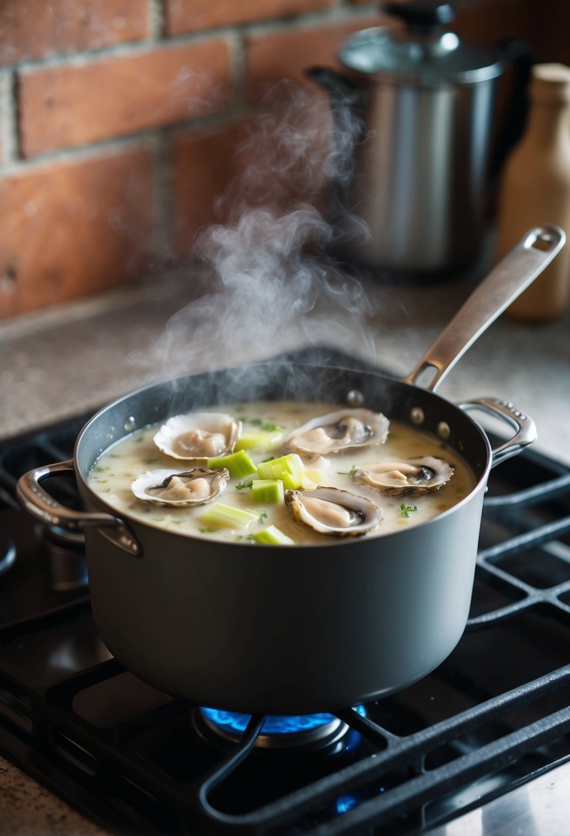 A steaming pot of oyster stew with cream and leeks simmering on a stovetop, surrounded by a rustic kitchen setting