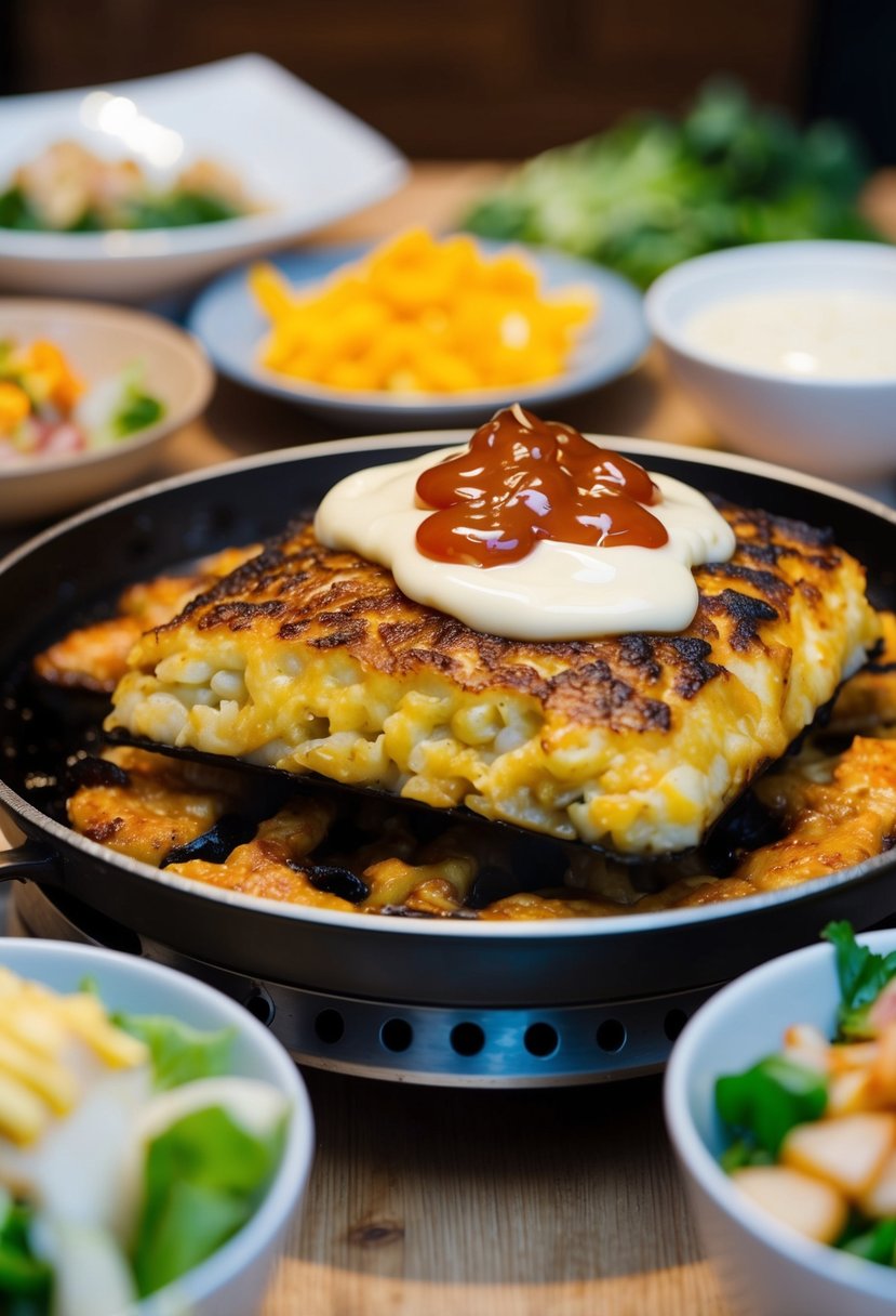 A sizzling okonomiyaki cooking on a hot griddle, topped with savory sauce and mayonnaise, surrounded by assorted fresh ingredients