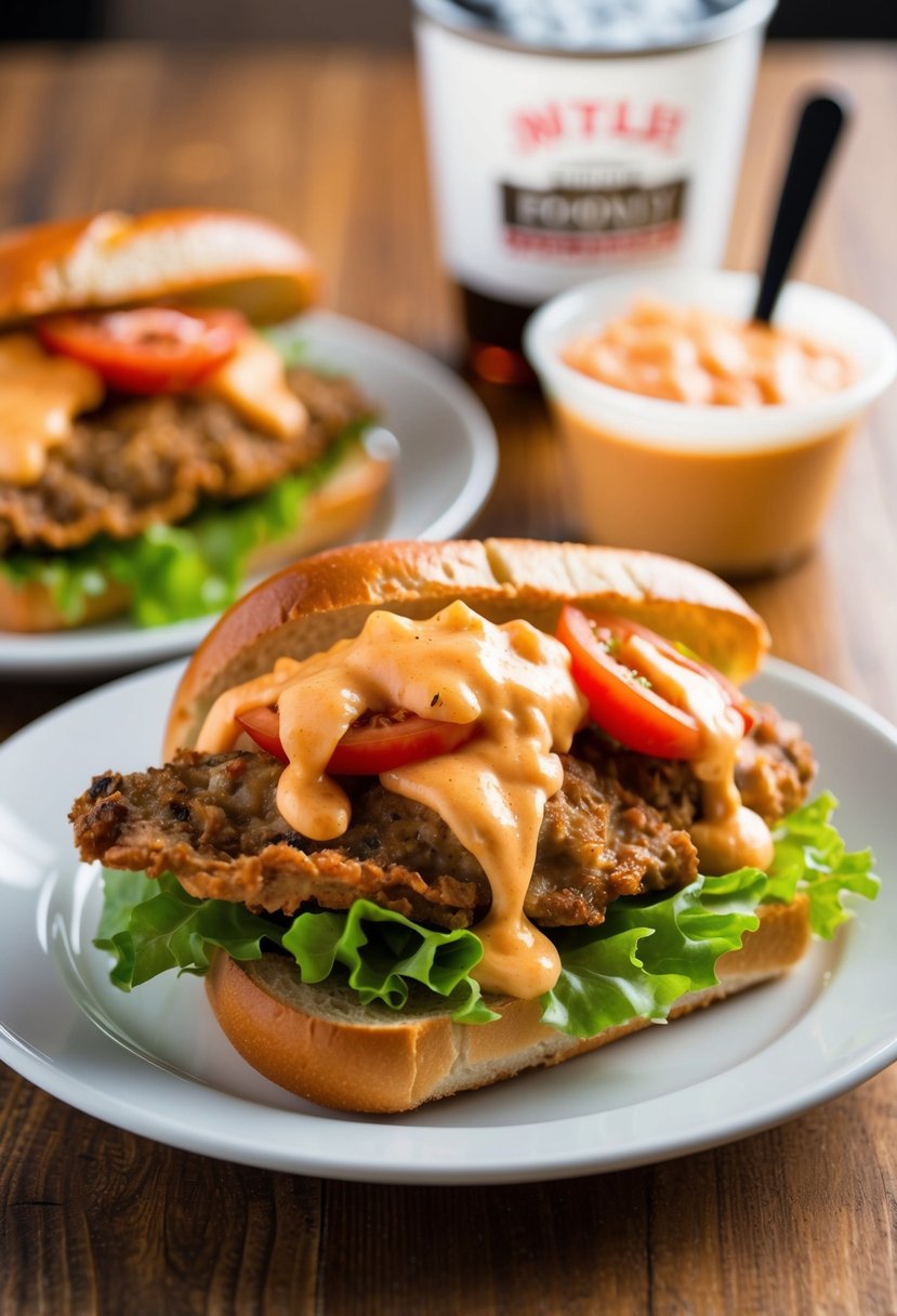 A crispy oyster po'boy sandwich overflowing with lettuce, tomato, and spicy remoulade sauce, served on a toasted baguette