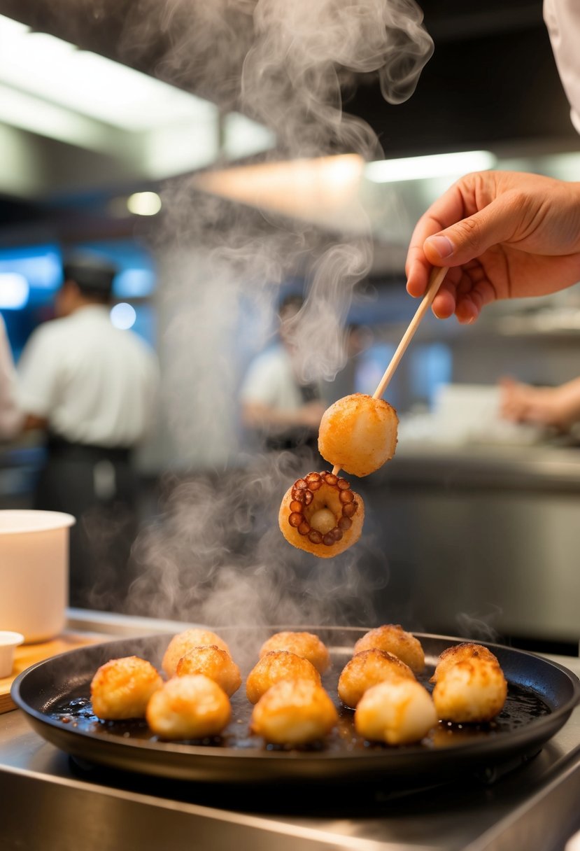 A chef prepares takoyaki on a sizzling hot plate, carefully flipping the savory octopus-filled balls with a skewer. Steam rises as they cook to perfection