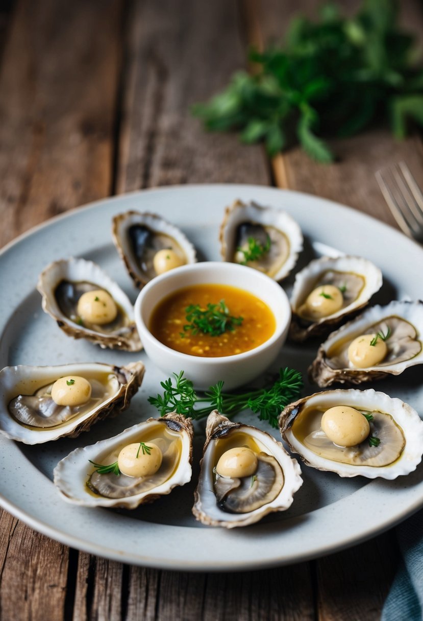 A plate of smoked oysters with garlic sauce, garnished with fresh herbs, set on a rustic wooden table