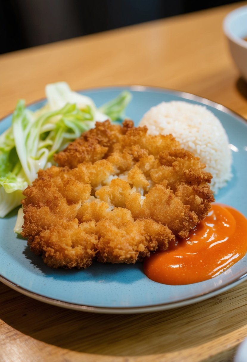 A plate of tonkatsu with a crispy breaded pork cutlet, cabbage, and a side of rice, served with a dollop of tangy tonkatsu sauce