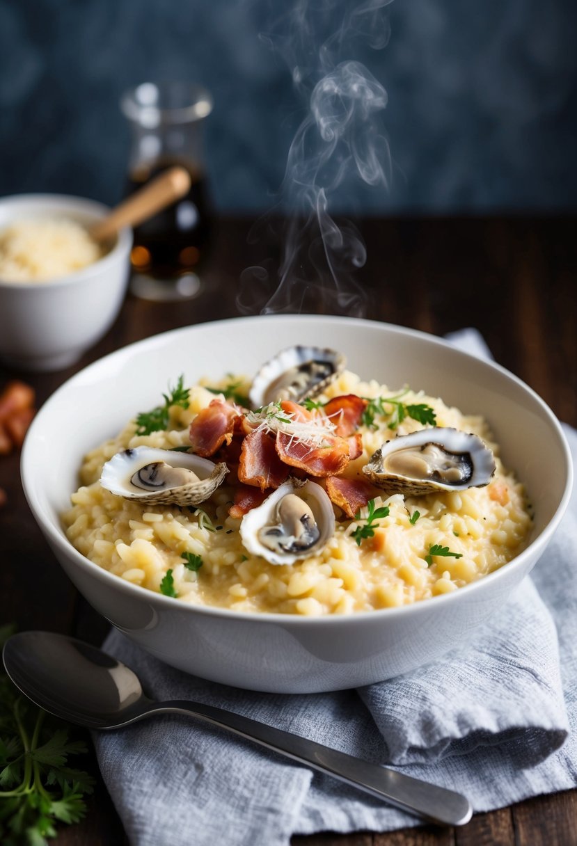 A steaming bowl of creamy risotto with plump oysters and crispy bacon, garnished with fresh herbs and a sprinkle of parmesan cheese