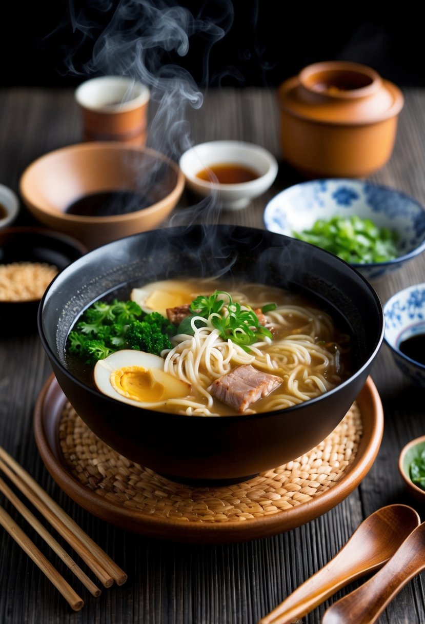 A steaming bowl of ramen surrounded by traditional Japanese ingredients and utensils