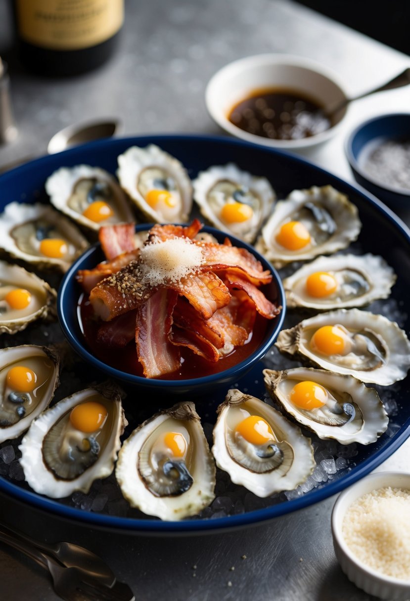 A platter of freshly shucked oysters topped with sizzling bacon, Worcestershire sauce, and a sprinkle of parmesan, ready to be broiled