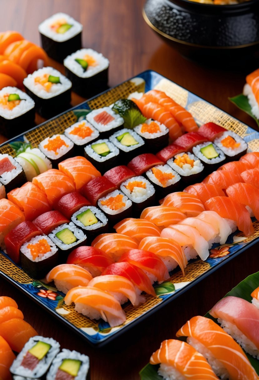 A colorful array of sushi rolls, sashimi, and nigiri arranged on a traditional Japanese serving dish