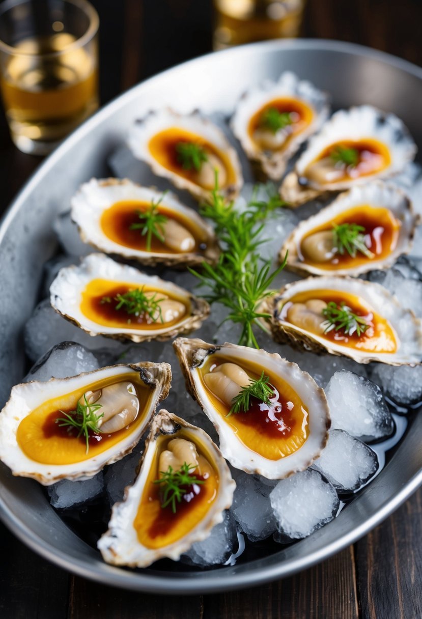 A platter of glistening oysters, each topped with a glossy miso glaze and garnished with fresh herbs, resting on a bed of ice