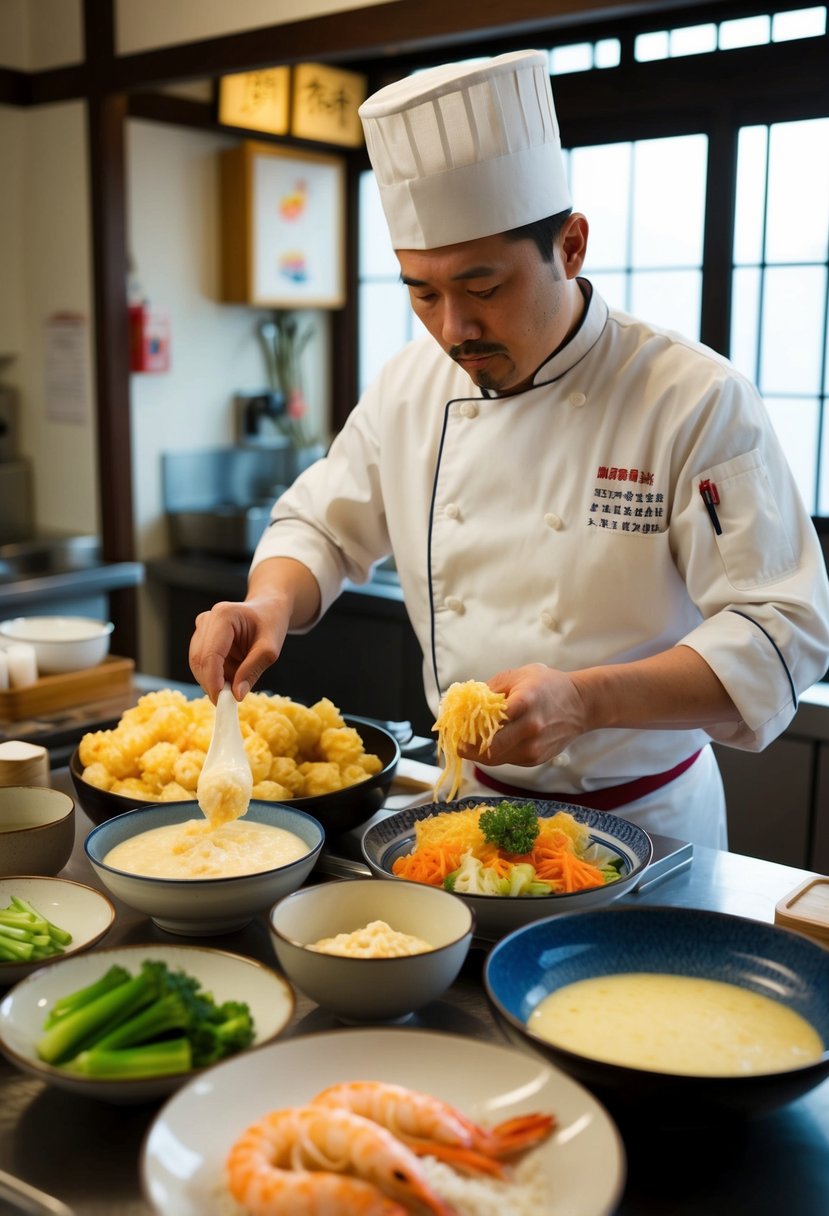 A chef prepares tempura ingredients, including shrimp, vegetables, and batter, in a traditional Japanese kitchen