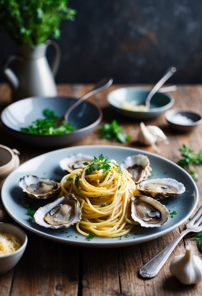 A plate of Oyster Spaghetti Aglio e Olio with fresh oysters, garlic, and herbs, surrounded by a rustic, Italian-inspired kitchen setting