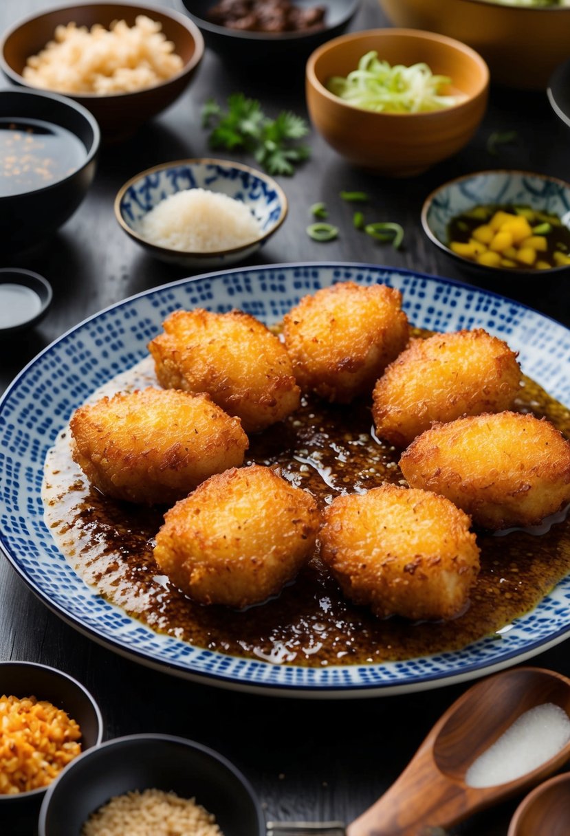 A sizzling hot plate of golden brown karaage, surrounded by a variety of traditional Japanese cooking ingredients and utensils