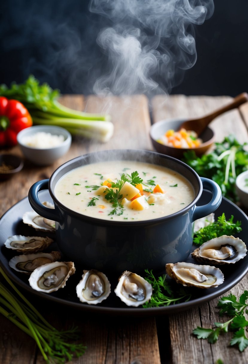 A steaming pot of creamy Oyster Chowder surrounded by fresh oysters, vegetables, and herbs on a rustic wooden table