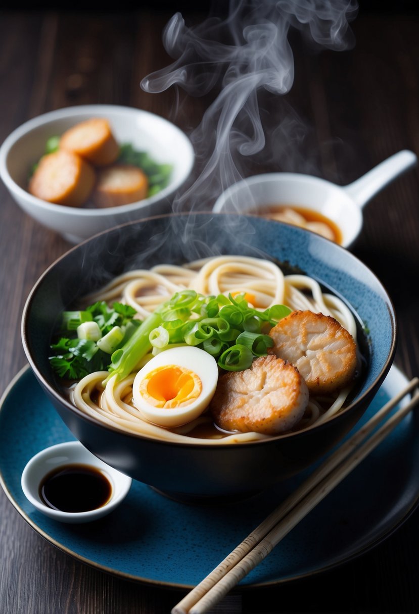 A steaming bowl of udon noodles with slices of fish cake, green onions, and a soft-boiled egg, surrounded by chopsticks and a small dish of soy sauce