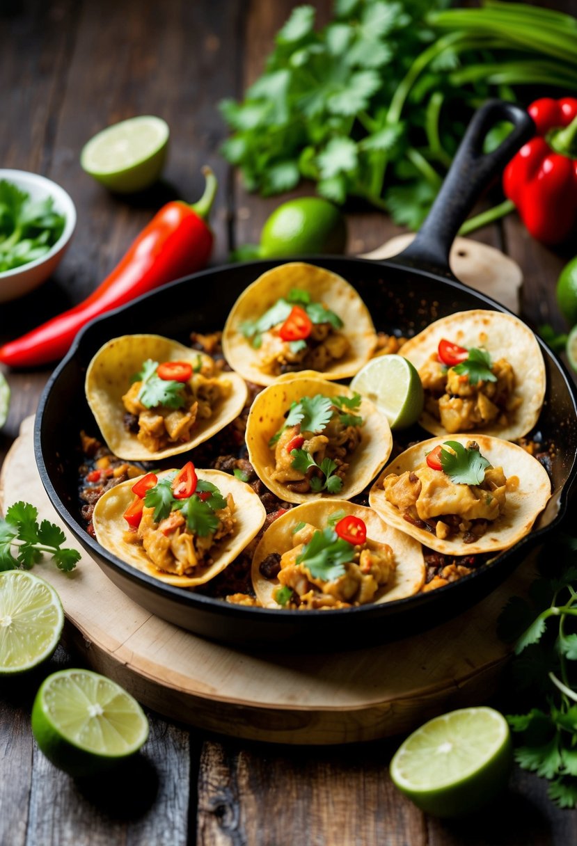 A sizzling skillet of spicy oyster tacos, surrounded by vibrant ingredients like cilantro, lime, and hot peppers, on a rustic wooden table