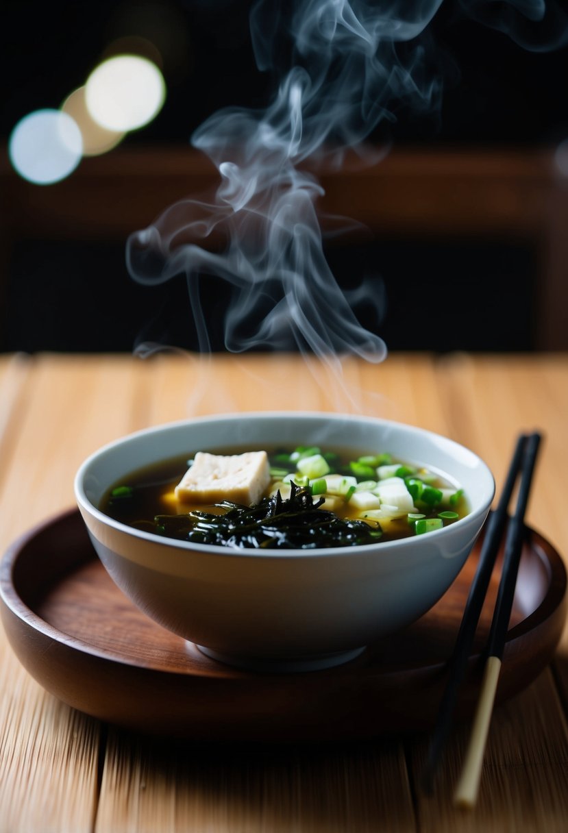 A steaming bowl of miso soup with tofu, seaweed, and green onions, set on a wooden tray with a pair of chopsticks