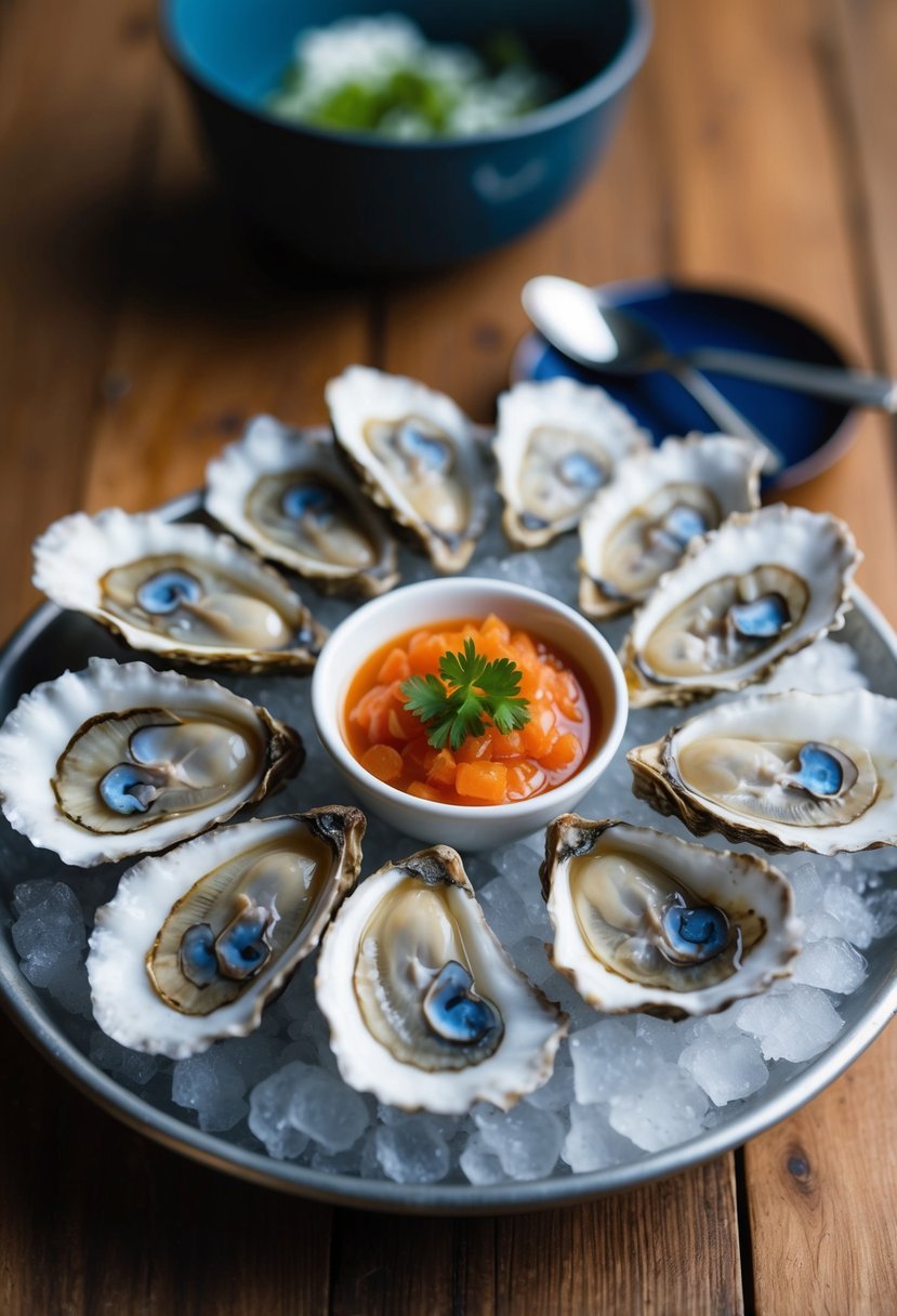 A platter of freshly shucked oysters sits on a bed of ice, accompanied by a small bowl of tangy mignonette sauce