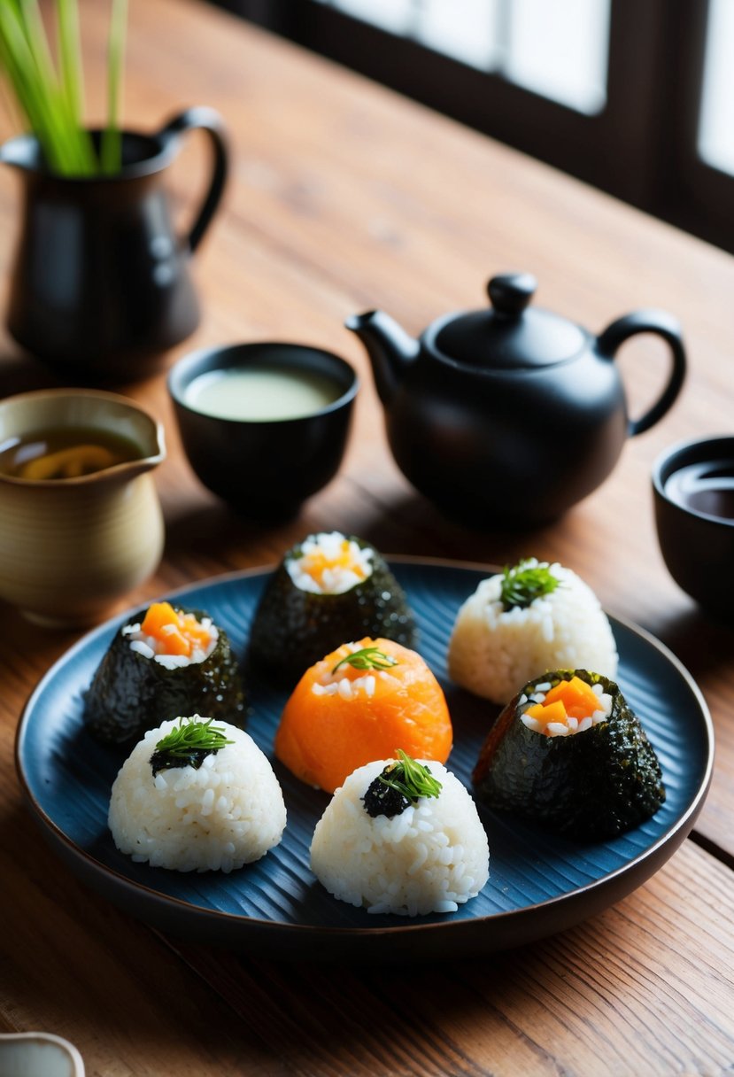 A wooden table with assorted onigiri, nori, and fillings. A teapot and cups sit nearby