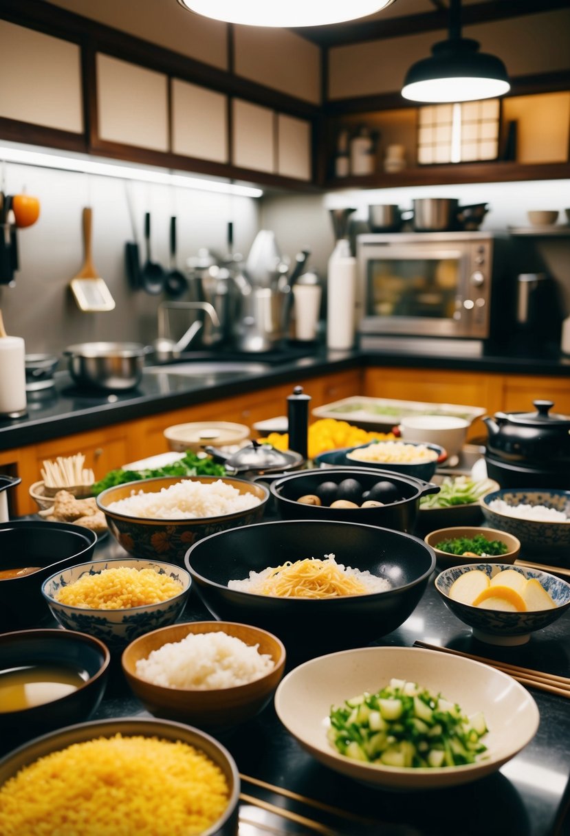 A traditional Japanese kitchen with various ingredients, utensils, and cooking equipment laid out for preparing authentic Japanese recipes