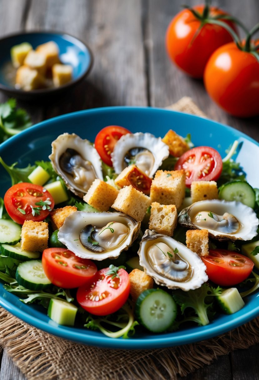 A colorful oyster panzanella salad with fresh tomatoes, cucumbers, and croutons, drizzled with a tangy vinaigrette, sitting on a rustic wooden table