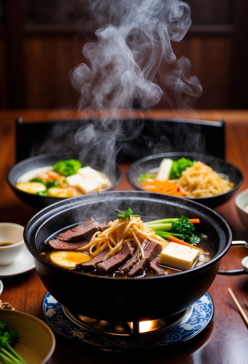 A steaming hot pot of sukiyaki with thinly sliced beef, tofu, vegetables, and noodles simmering in a savory-sweet broth on a traditional Japanese dining table