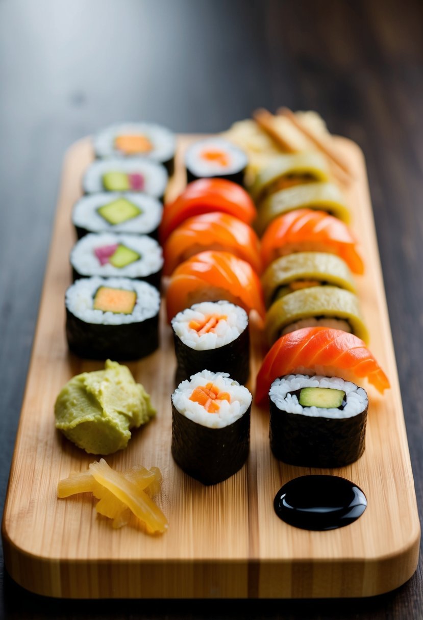 A wooden sushi board with assorted sushi rolls, pickled ginger, wasabi, and soy sauce