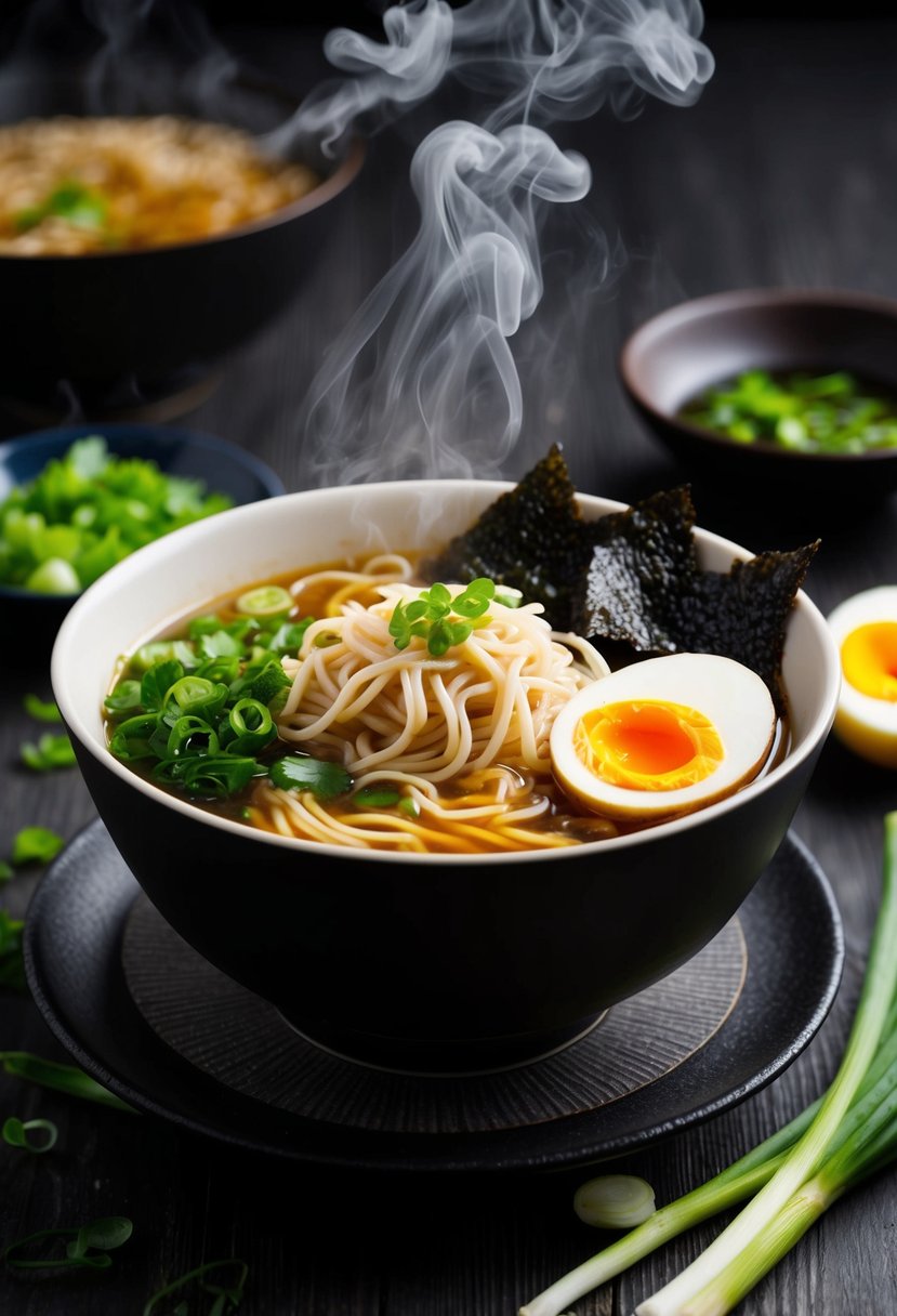 A steaming bowl of ramen noodles surrounded by traditional Japanese ingredients like nori, green onions, and marinated egg