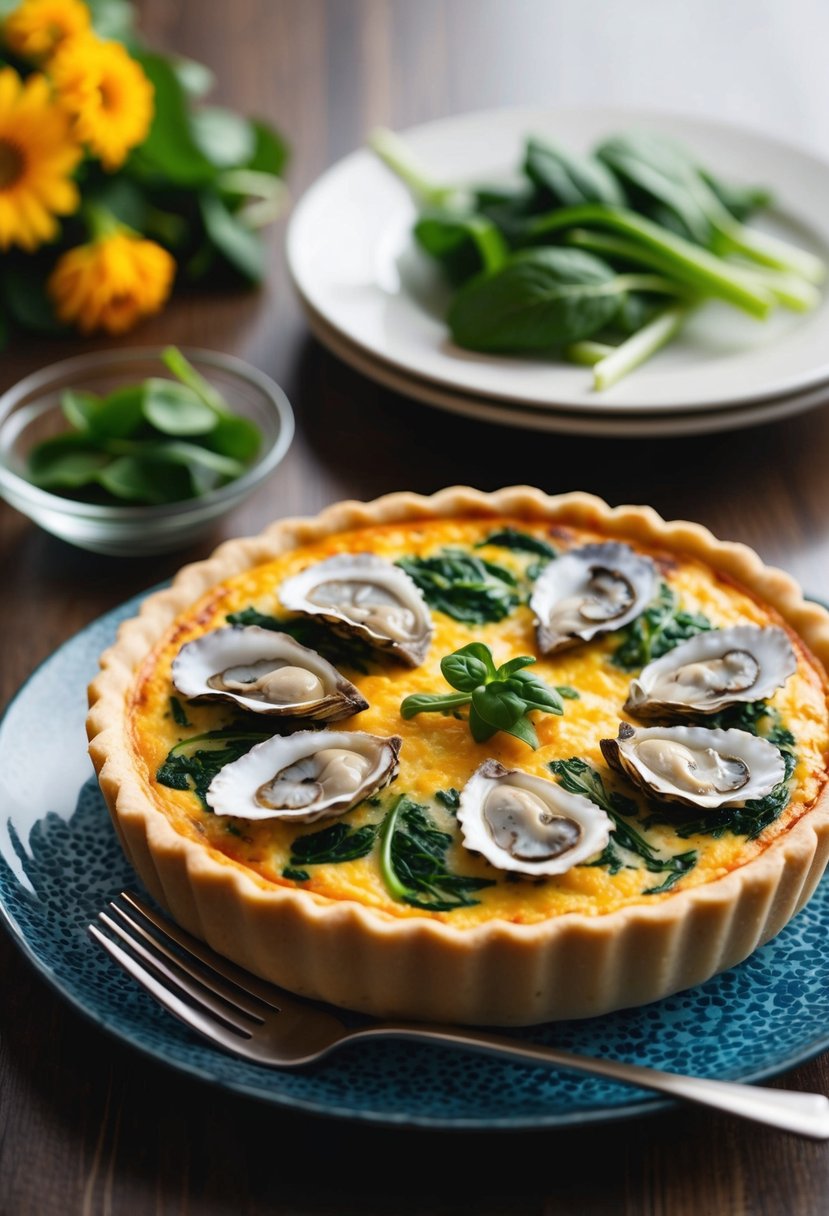 A golden-brown quiche sits on a table, filled with plump oysters and vibrant green spinach. A fork rests beside it, ready to be enjoyed