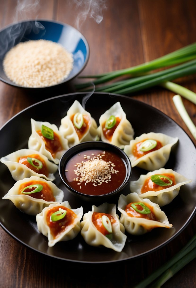 A steaming plate of gyoza, surrounded by dipping sauce and garnished with sliced green onions and sesame seeds