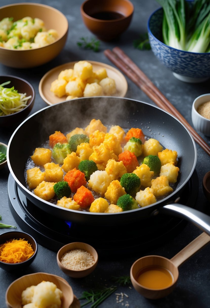 A sizzling hot pan filled with an assortment of colorful tempura vegetables, surrounded by ingredients and traditional Japanese cooking utensils