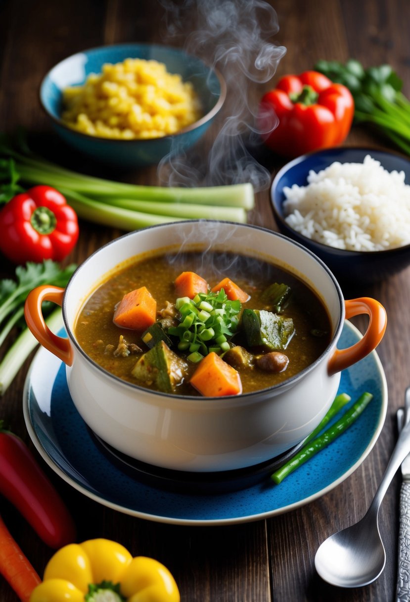 A steaming pot of Japanese curry surrounded by colorful vegetables and a bowl of rice