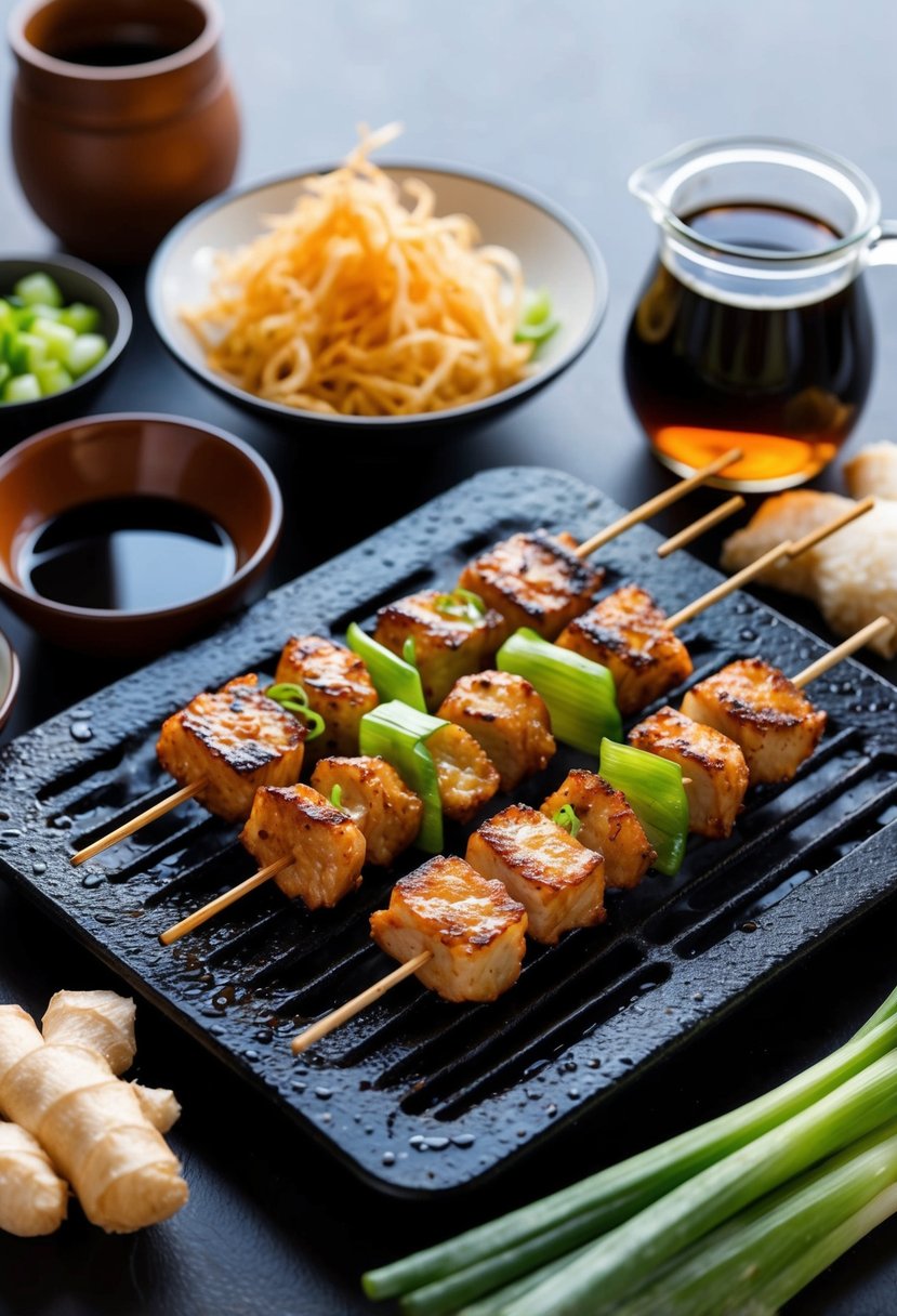 A sizzling grill with skewers of yakitori, surrounded by traditional Japanese ingredients like soy sauce, ginger, and green onions