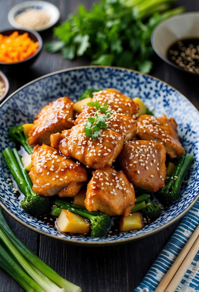 A sizzling teriyaki chicken dish on a traditional Japanese plate, surrounded by vibrant green vegetables and garnished with sesame seeds