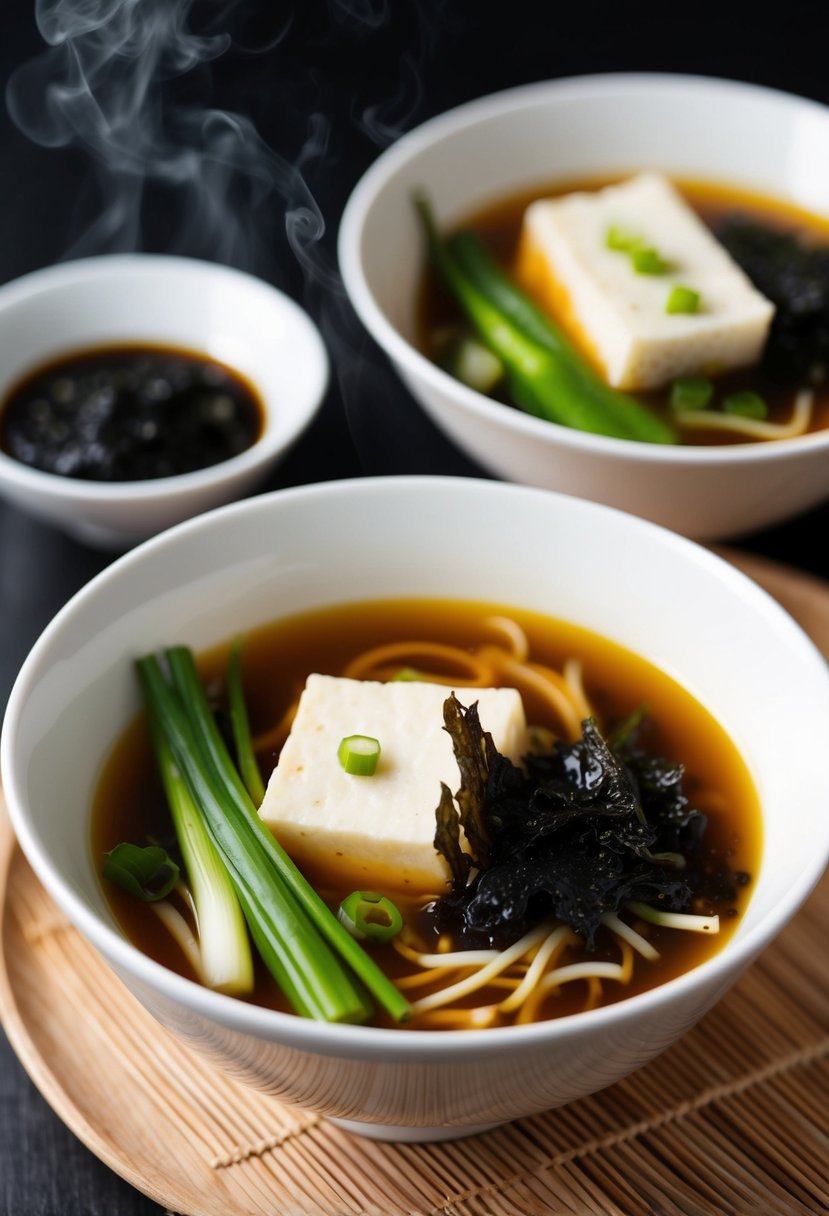 A steaming bowl of miso soup with tofu, seaweed, and scallions